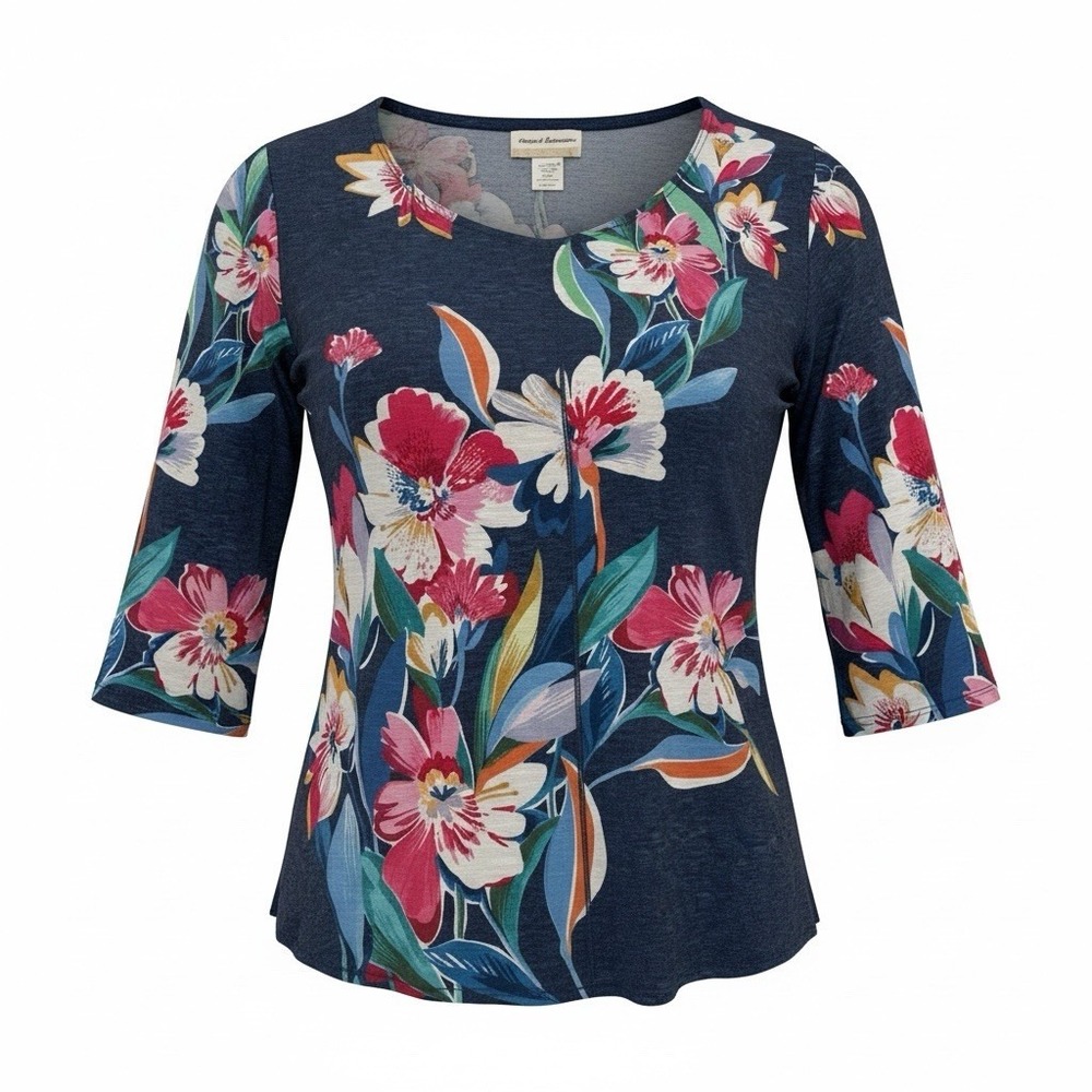 ALFRED DUNNER Floral V Neck Tunic Women Sz 1X Multicolor 3/4 Sleeve Jersey